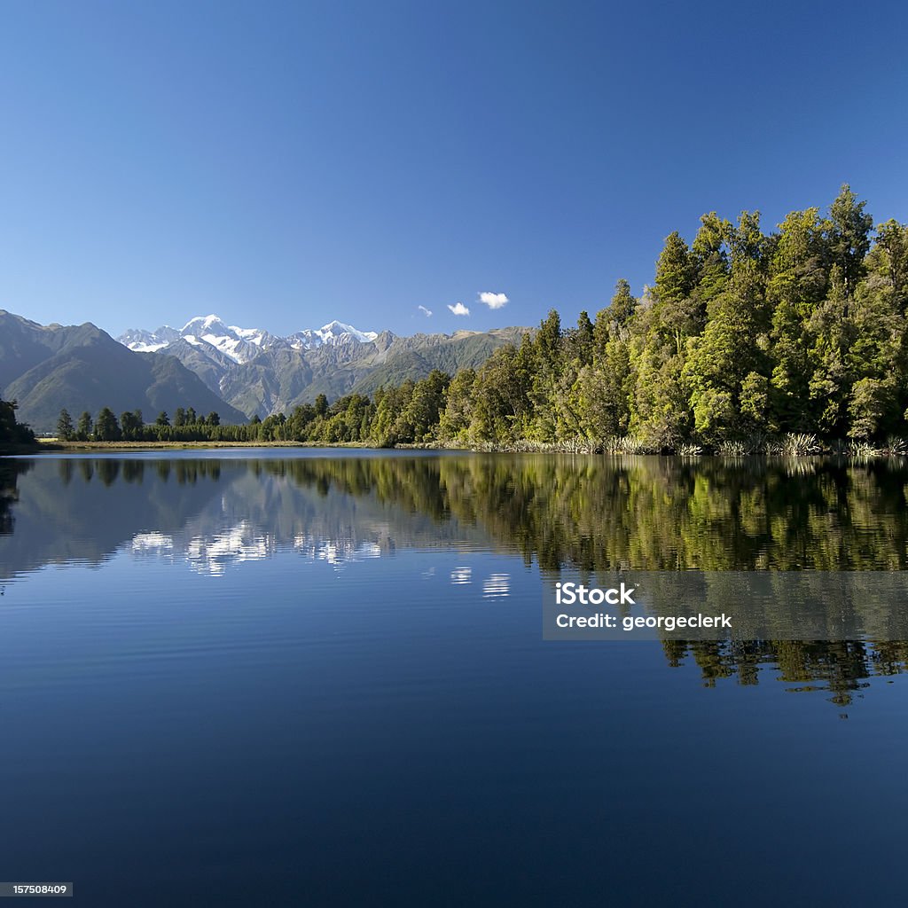 Beautiful New Zealand Mt Cook and Mt Tasman reflected in the calm water of Lake Matheson, on New Zealand's South Island. Nature Stock Photo