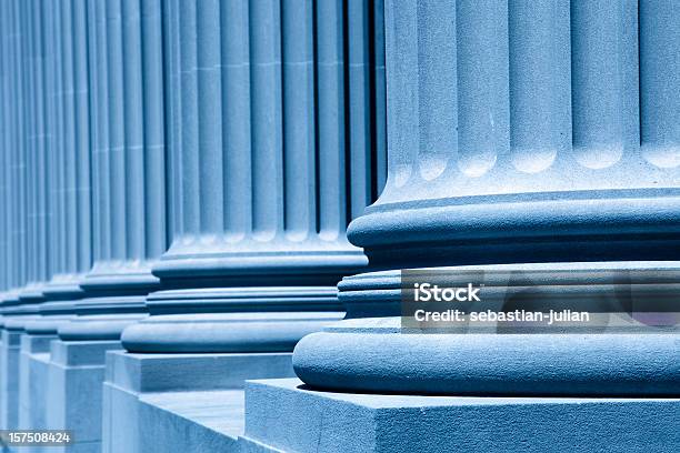 Group Of Corporate Blue Business Columns Stock Photo - Download Image Now - Justice - Concept, At The Bottom Of, Architectural Column