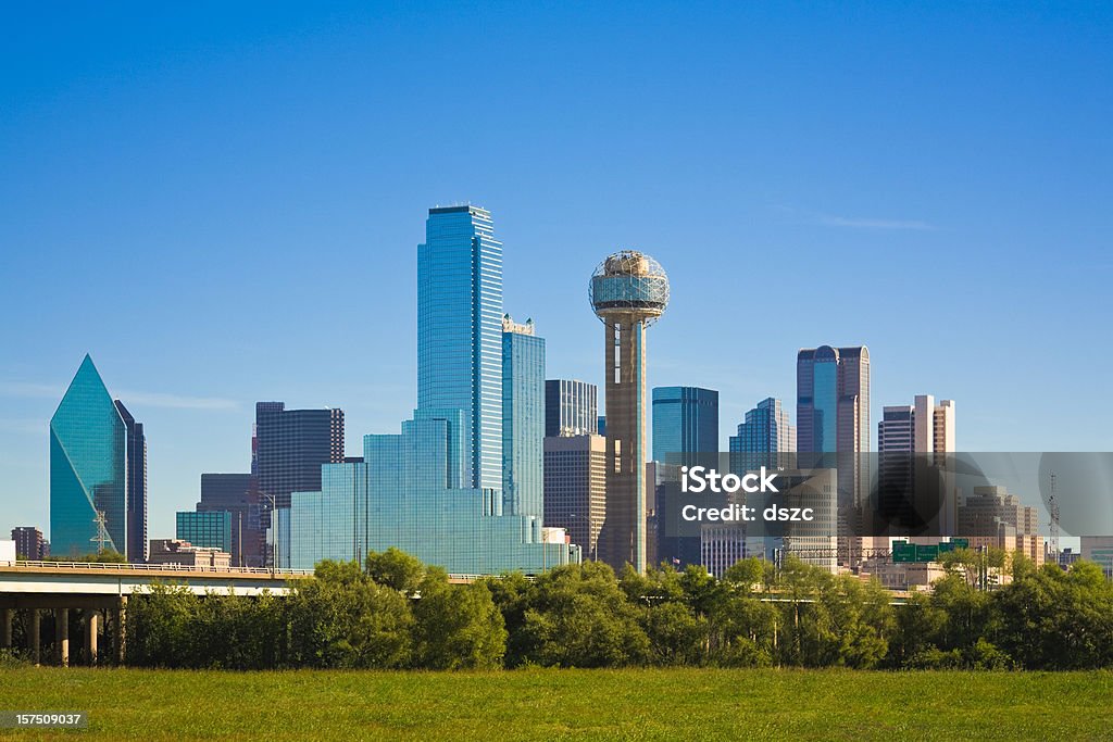 Dallas city skyline, Texas Dallas city skyline, Dallas, Texas, reflections on right side of buildings, full skyline, plenty of copy space top and bottom Dallas - Texas Stock Photo