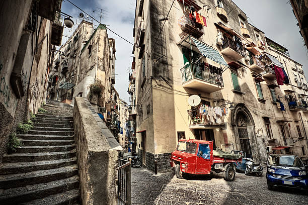 Vantage point shot of the streets of Naples in Italy Wide angle street scenic from the crowded neighborhoods of Naples' Spanish Quarter. naples italy photos stock pictures, royalty-free photos & images