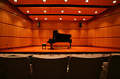 Piano sitting in the middle of the stage in an auditorium