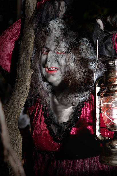 istock Witch with a lamp in the woods 157509303