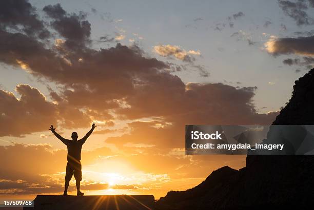 Silueta Hombre Alzar Los Brazos En El Cielo Al Atardecer Foto de stock y más banco de imágenes de Nuevo México