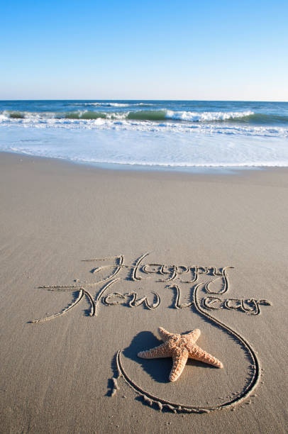 istock Happy New Year Message w Starfish on Calm Beach 157510244