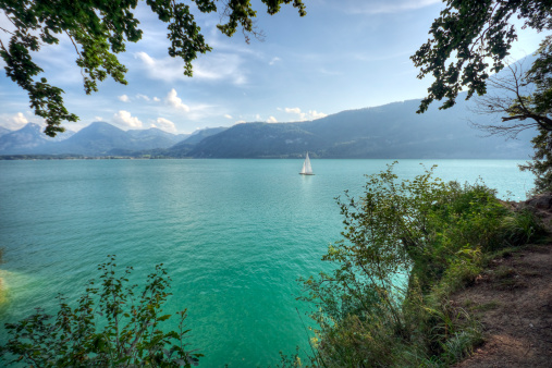 Lake Wolfgangsee amid the Austrian Alps.