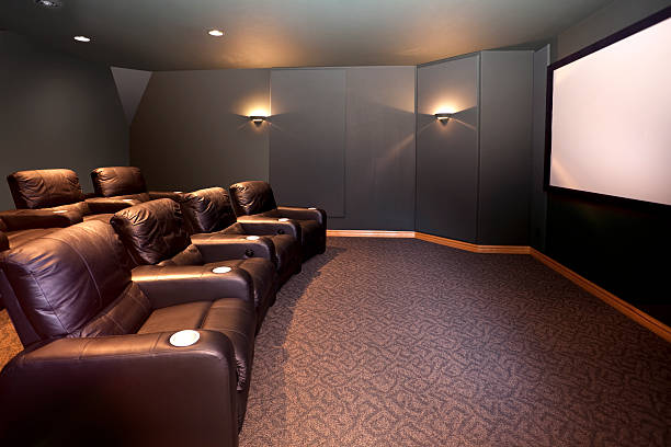 Home Theater Room, Leather Recliners, Movie Screen, HDTV, Surround Sound Home theater room with leather recliners and sconce lights. Place an image you like on the screen.  surround sound stock pictures, royalty-free photos & images