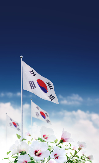 Blue sky and clouds Republic of Korea Taegeukgi and Mugunghwa flower and Samiljeol and Liberation Day, Constitution Day and Hangeul Day and Memorial Day Korean national holidays background