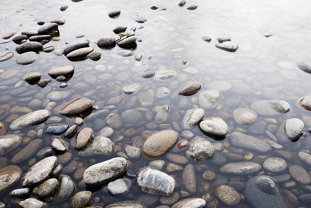 Background of pebbles in shallow water Beautiful pebbles in Boise River, Boise, Idaho, USA boise river stock pictures, royalty-free photos & images