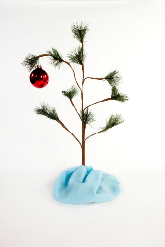 Replica of the Charlie Brown Tree. Stick christmas tree wih one red ornament on white background.
