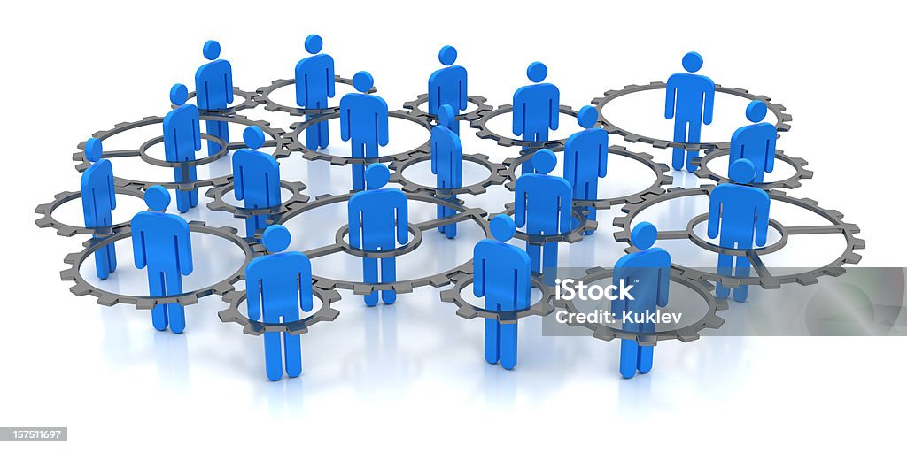 Connection Teamwork, connection, cooperation or communication concept. Light-blue human symbols staying on connected gearwheels isolated on white background with clipping-path. Blue Stock Photo