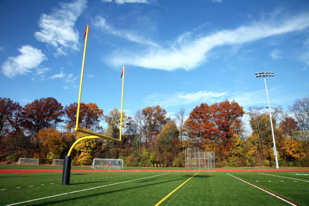 A generic seated american football stadium showing goal posts on a green grass pitch at night under illuminated floodlights - 3D render
