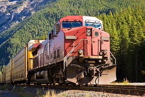 A diesel locomotive at the front of a freight train in the Canadian Rocky Mountains.
