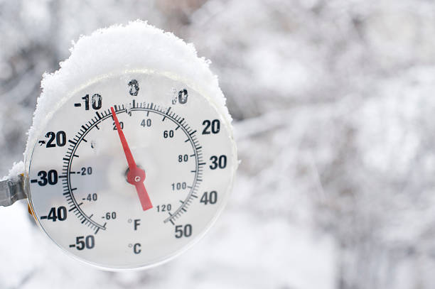Frozen Thermometer near Yellowknife. A thermometer showing freezing temperatures and falling snow in Yellowknife, Northwest Territories.  Blurred snow background for good copy space image right.  Close up. thermometer stock pictures, royalty-free photos & images