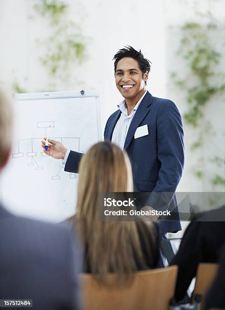 Empresario Dando Una Presentación A Sus Colegas Foto de stock y más banco de imágenes de Foto natural - Foto natural, Reunión de negocios, 20 a 29 años