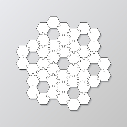 istock Hexagonal puzzle pieces. Thinking mosaic game with jigsaw grid shapes. Simple scheme with separate details. 1575141475