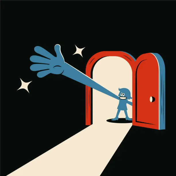 Vector illustration of A smiling woman opens the door and stretches her arm across the room looking for something, exploring the unknown or mysteries