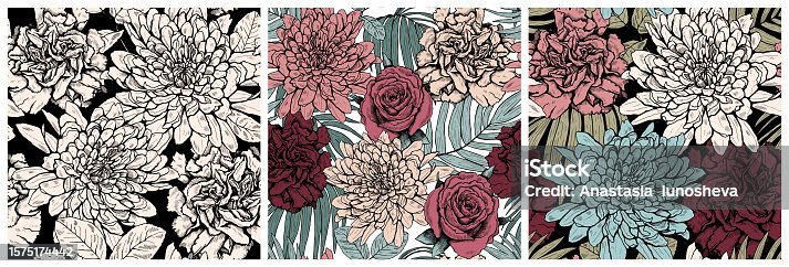 istock Set of floral seamless drawn patterns. Modern fashion graphic vector illustrations for the background, fabric, wrapping paper, and wallpaper. 1575174442