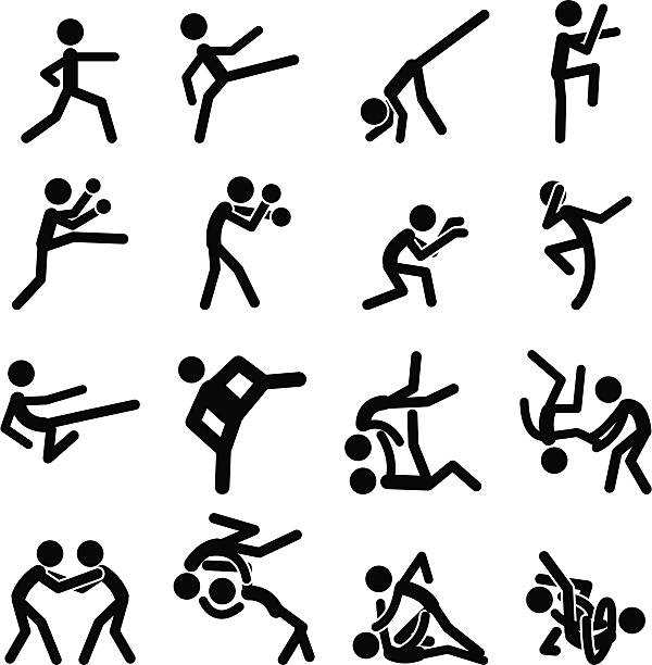 ilustrações de stock, clip art, desenhos animados e ícones de ícone do esporte pictograma set artes marciais - karate kickboxing martial arts silhouette