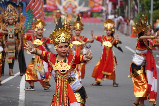 Blitar, East Java, Indonesia - July 15th, 2023 : Singasana jayaning aum dance. This dance depicts the triumph of Tabanan regency