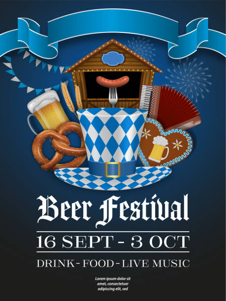 illustrations, cliparts, dessins animés et icônes de affiche du festival allemand de la bière avec chapeau aux couleurs du drapeau de munich, étal de marché, chope à bière, bretzel et autres éléments. flyer du festival allemand de la bière d’octobre - oktoberfest germany munich bavaria