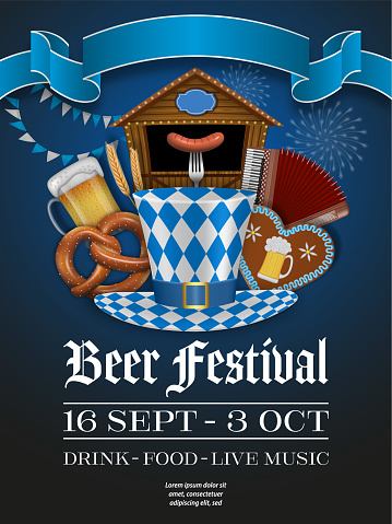 poster with hat with munich flag colors, market stall, beer mug, pretzel and others element. october german beer festival flyer vector