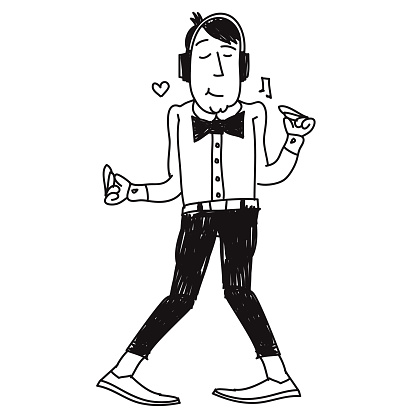 An illustration of a man wearing headphones dancing to the music.