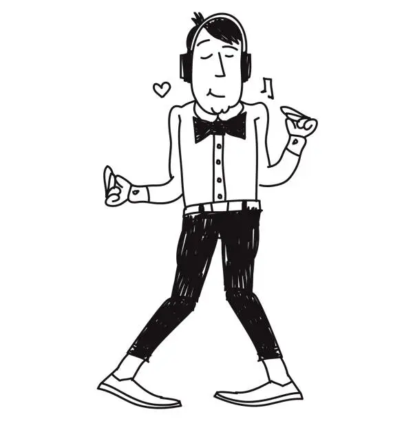 Vector illustration of Dancing Man Wearing Headphones Doodle