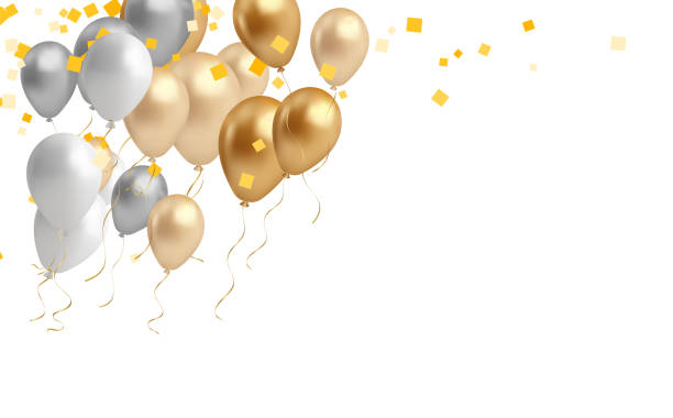 istock Celebration banner with gold confetti and balloons, 3d illustration 1575194427