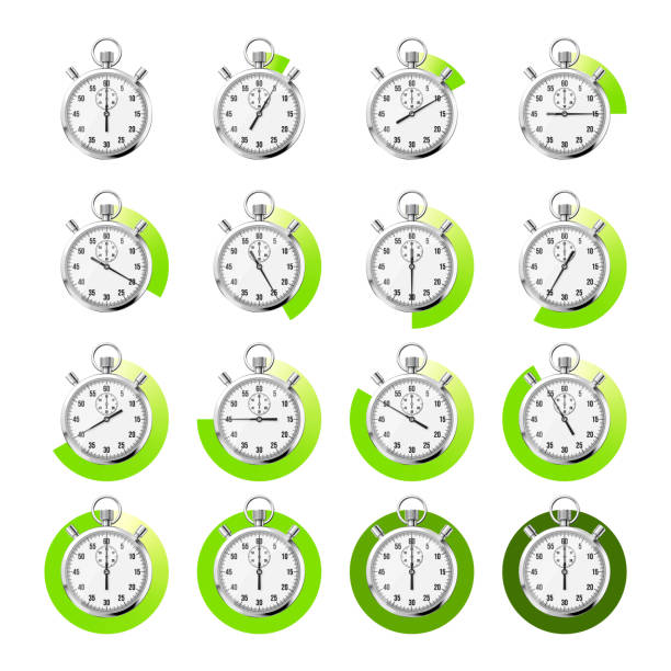 istock Realistic classic stopwatch. Shiny metal chronometer, time counter with dial. Green countdown timer showing minutes and seconds. Time measurement for sport, start and finish. Vector illustration 1575214526