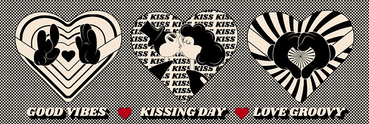 Set of stickers in retro style 1920s, 1930s. Groovy. Heart shaped kissing couple, heart, hands in rubber hose style. Vector illustration with halftone.