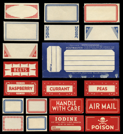 various postage and kitchen labels on black