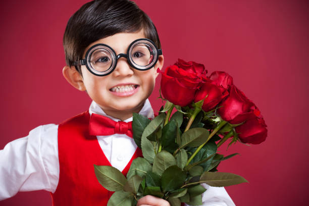 istock Adorable Little Nerd Boy with Valentines Roses, Copy Space 157522226