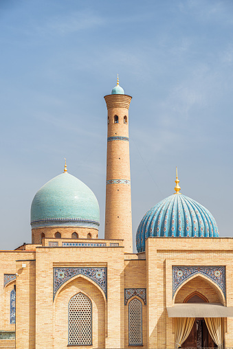View of Hazrati Imam Mosque and Muyi Muborak Madrasah (Moyie Mubarek Library Museum) in Tashkent, Uzbekistan. The Hazrati Imam architectural complex is a popular tourist attraction of Central Asia.
