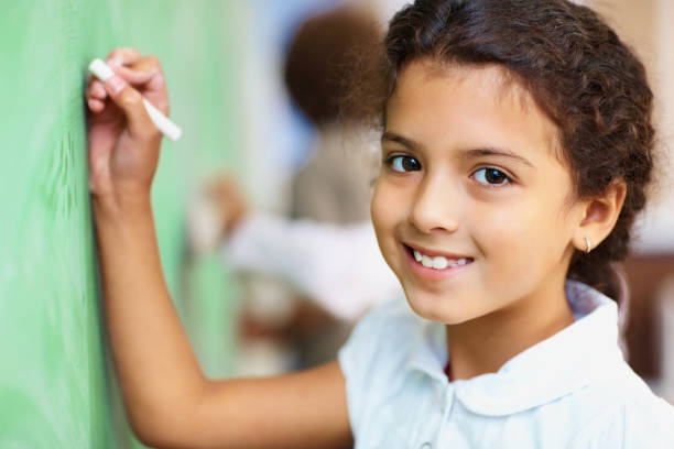 istock School girl writing on the board with a chalk 157522273