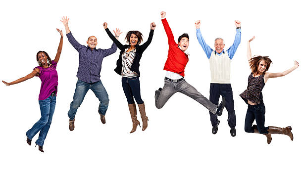 gente felice saltando isolato; xxxl - adult group of people ecstatic excitement foto e immagini stock