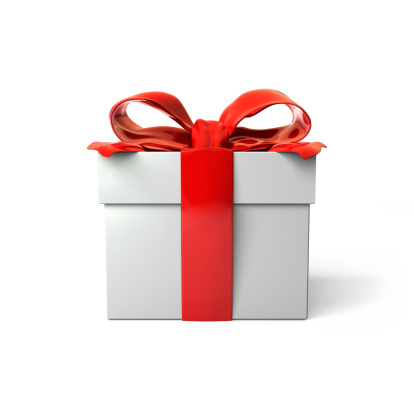 3d rendering of white gift box with red bow, with white background and empty space for text.