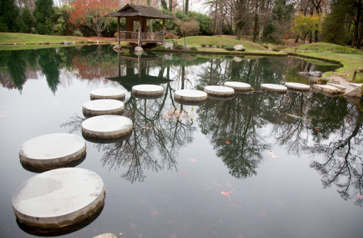 Maymont's Japanese Garden, Richmond, Virginia is blend of several different styles of Japanese garden. Landscaped gardens originated in China, and around the 7th century they were introduced into Japan by Korean gardeners. The style reproduced at Maymont is called a \