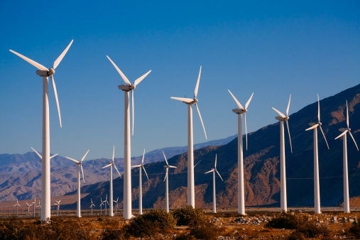 Wind Farm with numerous wind turbines line the mountain pass near Palms Spring, CA