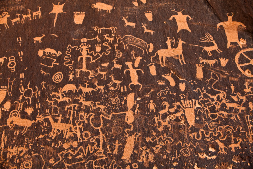 Pre-Hispanic aboriginal painting from the Cueva Pintada de Guachipas in Argentina. The 10th century painting depicts a suri, a native animal similar to the ostrich.