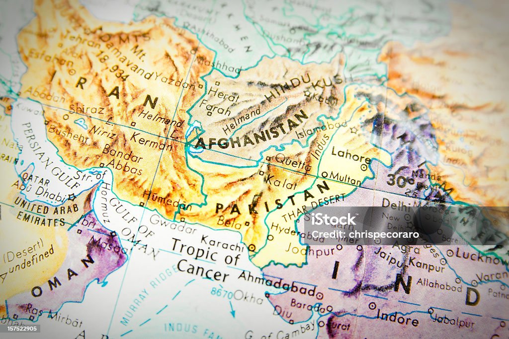 Travel the Globe Series - Middle East Studying Geography - Photograph of the Middle East on retro globe. Shallow depth of field with focus on Afghanistan.  Pakistan Stock Photo