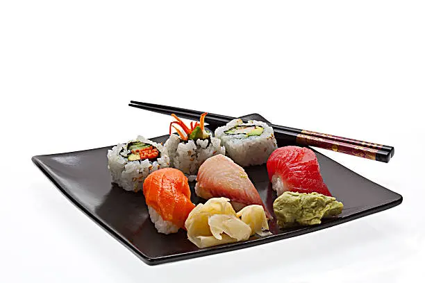 A plate of assorted sushi on a white background.