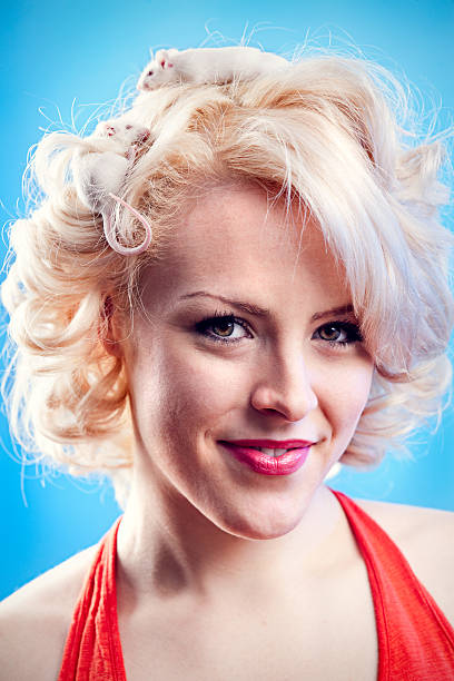 Beautiful Young Woman with Mouse Hairstyle A Marilyn Monroe look-a-like poses for a glamour portrait with two mice crawling on her head.  Vertical on bright blue background. actress headshot stock pictures, royalty-free photos & images