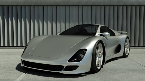 A metallic sports car in front of a building. My own sports car design. Very high resolution 3D render.