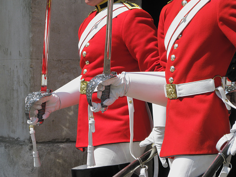 August 8, 2021, London, United Kingdom, Queen's Guard and Queen's Life Guard are the names given to the contingents of infantry and cavalry soldiers charged with guarding the official royal residences in the United Kingdom