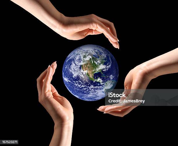 Save Planet Earth Recycle Three Hands Around Ecology Globe Stock Photo - Download Image Now