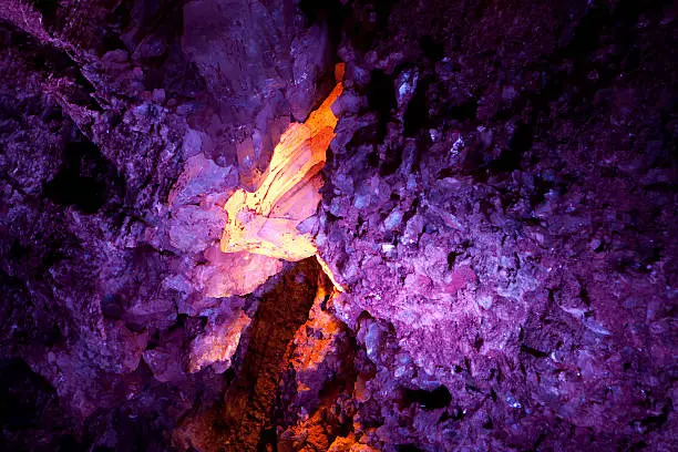Lighting shows off selenite crystals in the gypsum walls of the Alabaster Caverns State Park, Oklahoma