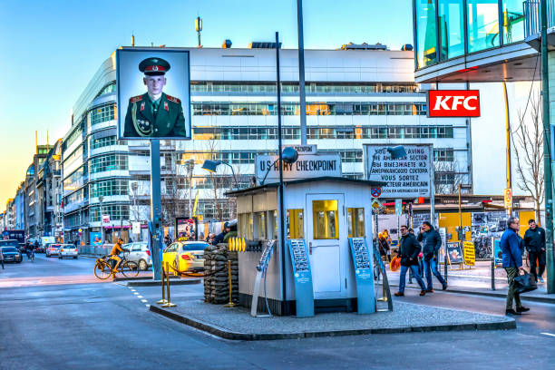 Checkpoint Charlie Today Restaurants Shops Tourists Most Well Known Berlin Wall Crossing Point Symbol Cold War Berlin Germany. Wall Separated West Berlin from East Berlin from 1961 to 1989. Photograph taken on street no ticket required.