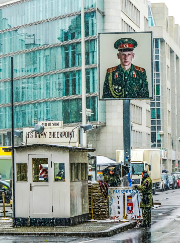 Checkpoint Charlie Today Snowing Russian Soldier Picture Most Well Known Berlin Wall Crossing Point Symbol Cold War Berlin Germany. Wall Separated West Berlin from East Berlin from 1961 to 1989. Photograph taken on street no ticket required.