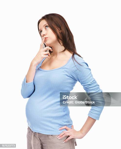 若い妊娠女性白昼夢ホワイト - 妊娠のストックフォトや画像を多数ご用意 - 妊娠, 思索にふける, 白背景