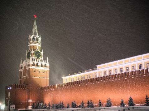 Kremlin in snowfall, Spasskaya tower, Moscow, Russia